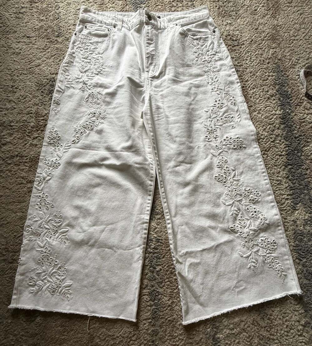 Lauren Ralph Lauren Eyelet High-Rise Wide-Leg Cropped White Jeans Size 14